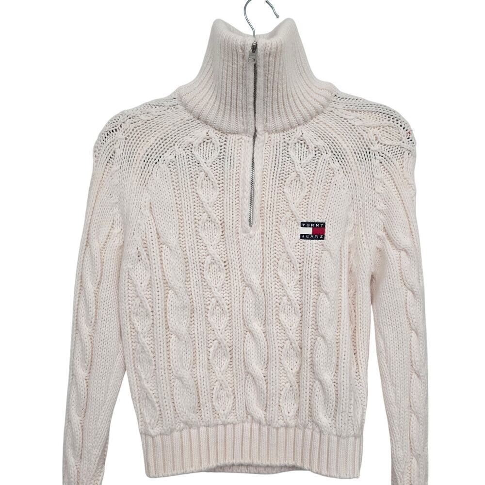 Tommy Jeans M Cable Knit Quarter-Zip Sweater Wool Blend Ivory White Logo Patch